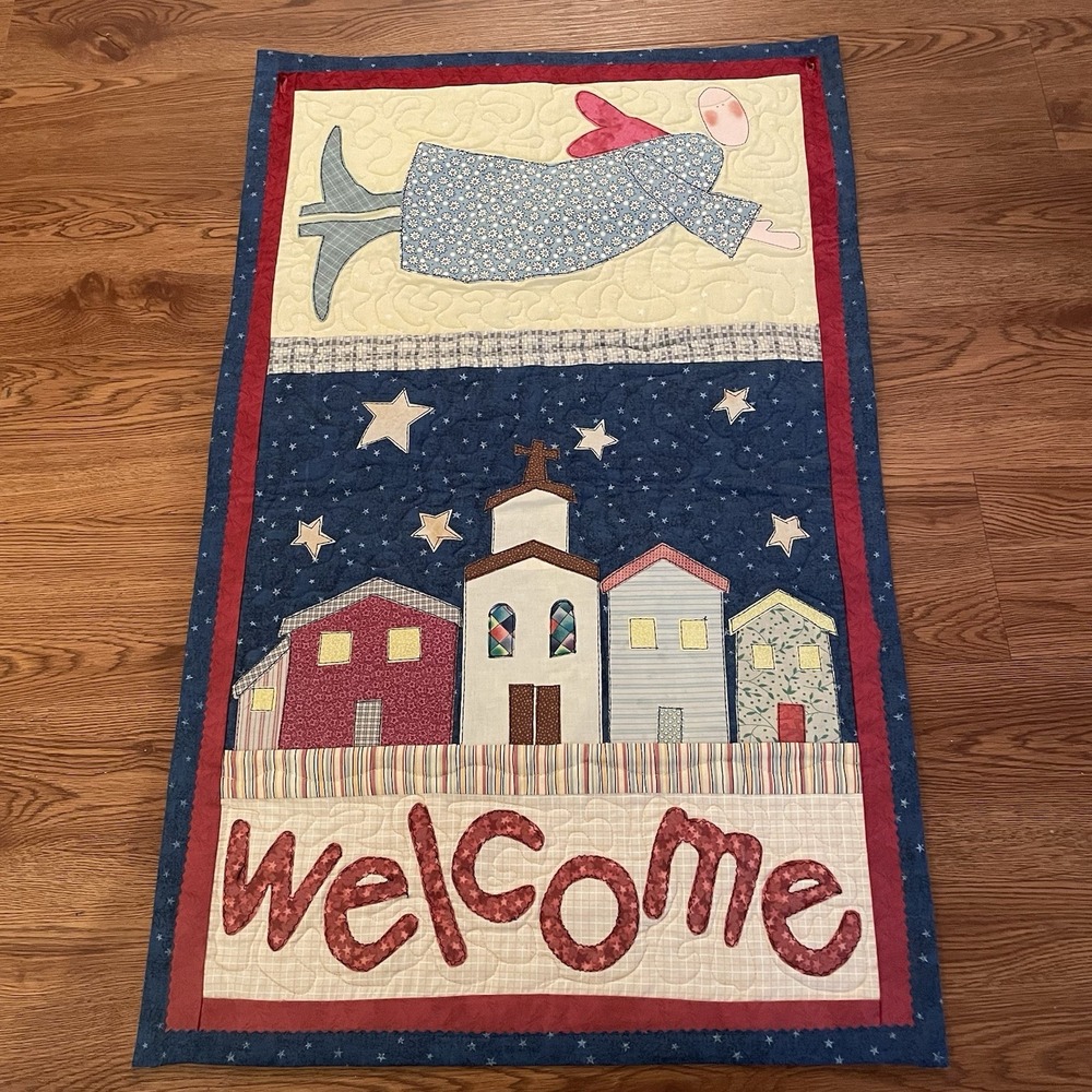 Vintage Folk Art Quilted Welcome Wall Hanging - Angel & Country Village 33 X 20
